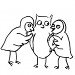 Projektpartner, zwei Eulen und ein Uhu stehen zusammen und diskutieren - Piktogramm für nicht Lesende