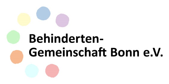 Logo der Behindertengemeinschaft Bonn, 7 farbige Punkte umgeben den Nameszug