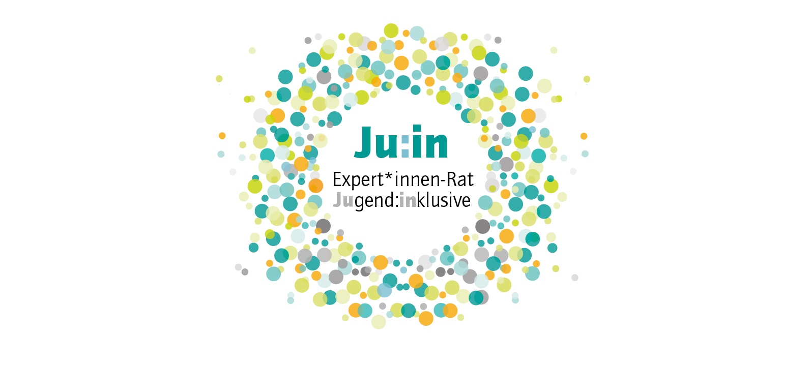 Ju:in Expert*innenrat Jugend:inklusive Logo von Ju:in dem ExpertInnenrat. Um den Namen sind kreisförmig bunte Punkte